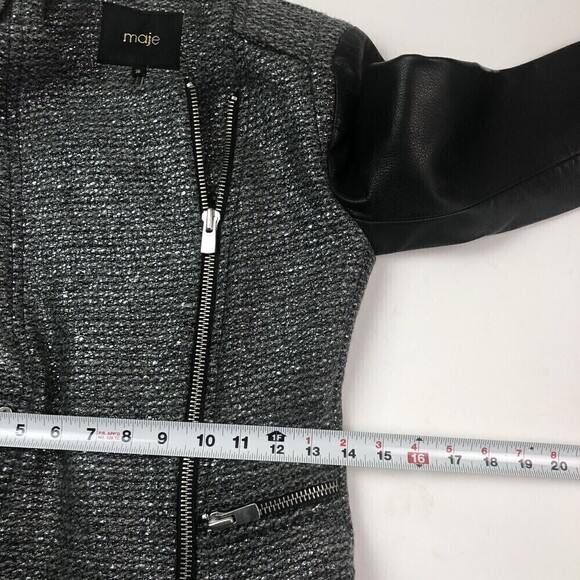 Maje Moto Jacket size 2 Leather Sleeve Silver Metallic Black Remeur Wool tweed - Picture 6 of 10